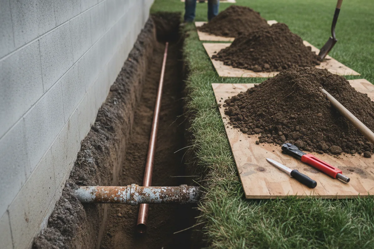 Excavated water line trench during Sewer Line Repair in Upland